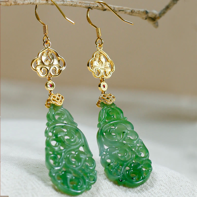 EverestArtstudios Hollow Hetian Jade Enamel 925 Sterling Silver Prosperity Earrings