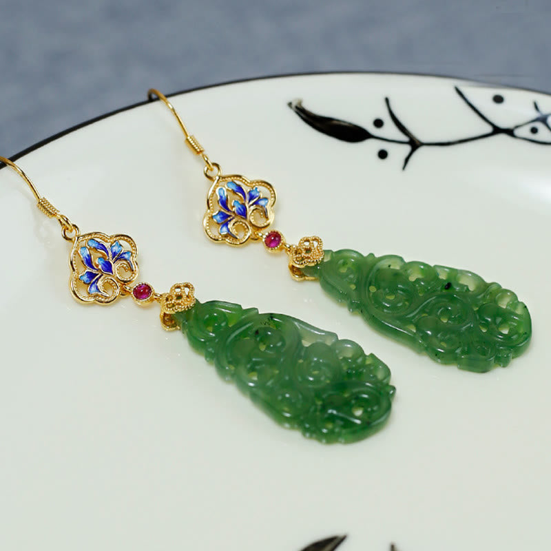 EverestArtstudios Hollow Hetian Jade Enamel 925 Sterling Silver Prosperity Earrings