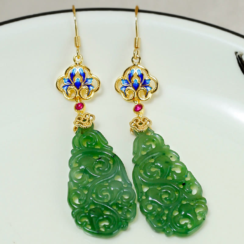 EverestArtstudios Hollow Hetian Jade Enamel 925 Sterling Silver Prosperity Earrings