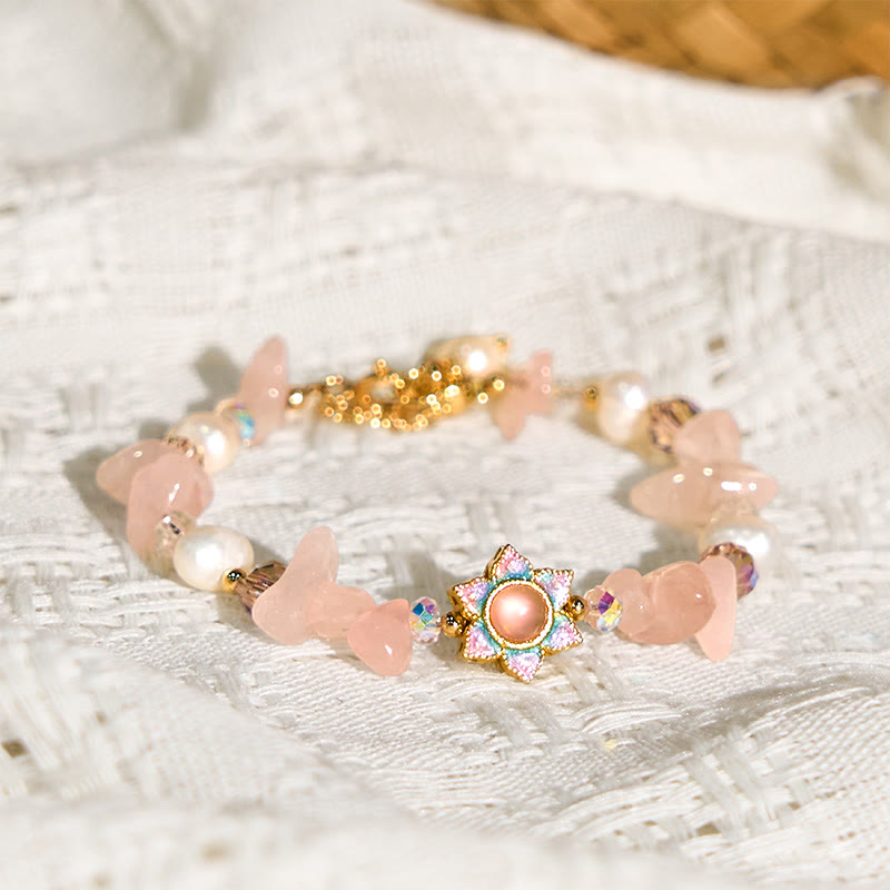 Buddha Stones Natural Gravel Rose Quartz Flower Pearl Healing Bracelet