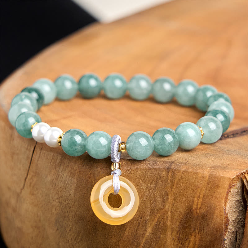 EverestArtstudios Blue Jade Peace Buckle Pearl Beads Prosperity Bracelet
