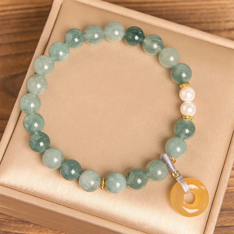EverestArtstudios Blue Jade Peace Buckle Pearl Beads Prosperity Bracelet