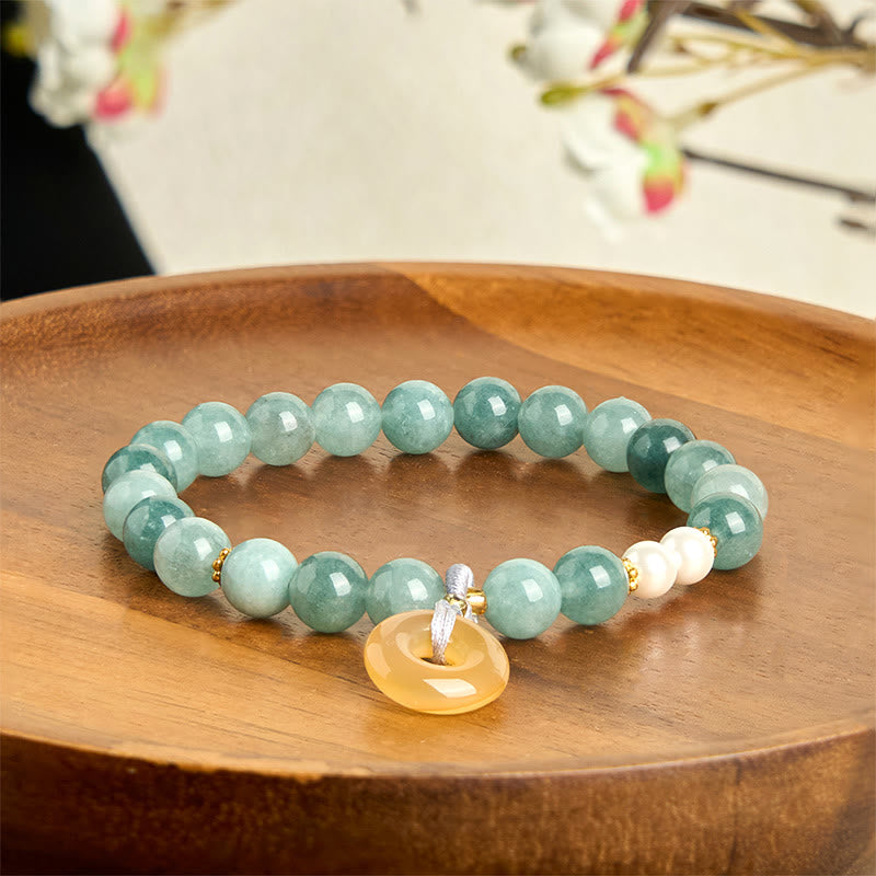EverestArtstudios Blue Jade Peace Buckle Pearl Beads Prosperity Bracelet