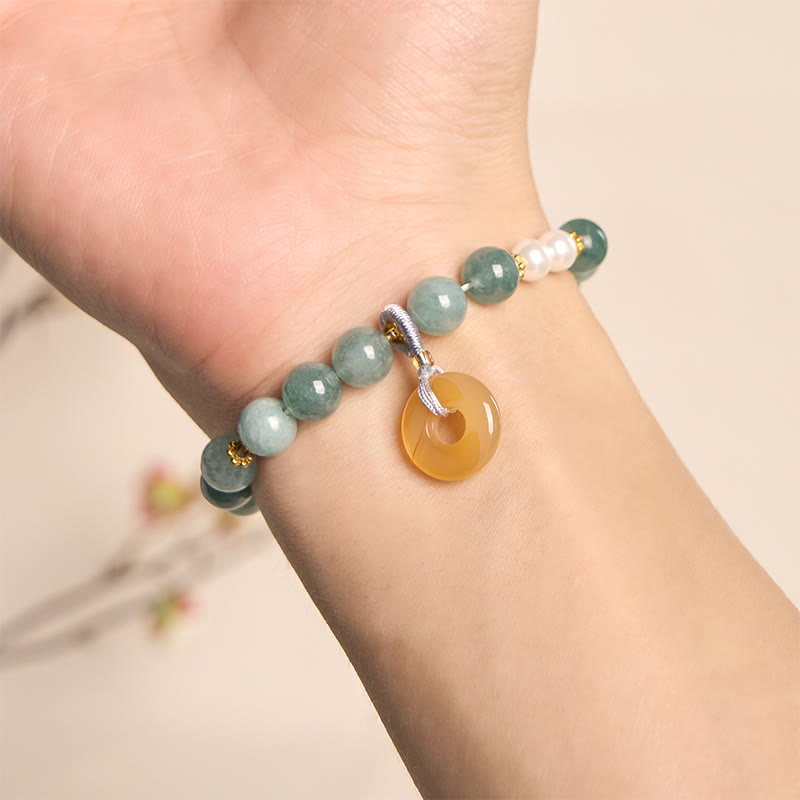 EverestArtstudios Blue Jade Peace Buckle Pearl Beads Prosperity Bracelet