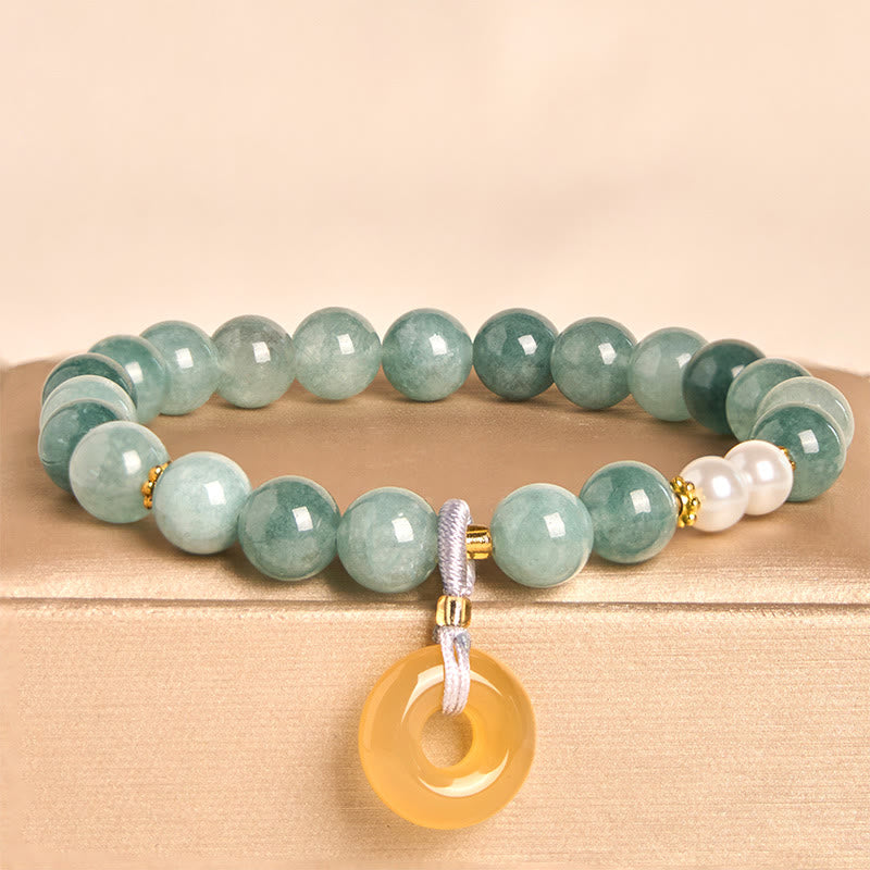 EverestArtstudios Blue Jade Peace Buckle Pearl Beads Prosperity Bracelet