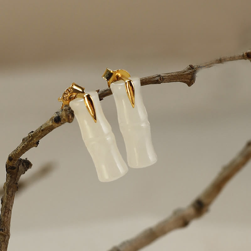 EverestArtstudios Bamboo Hetian Jade 925 Sterling Silver Leaf Wealth Earrings