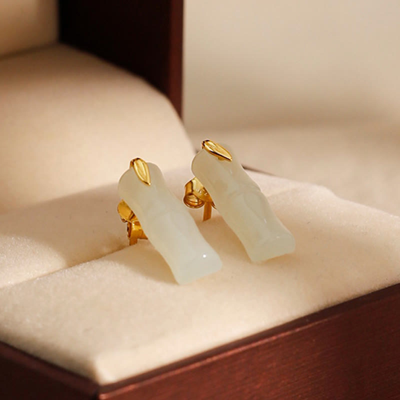 EverestArtstudios Bamboo Hetian Jade 925 Sterling Silver Leaf Wealth Earrings