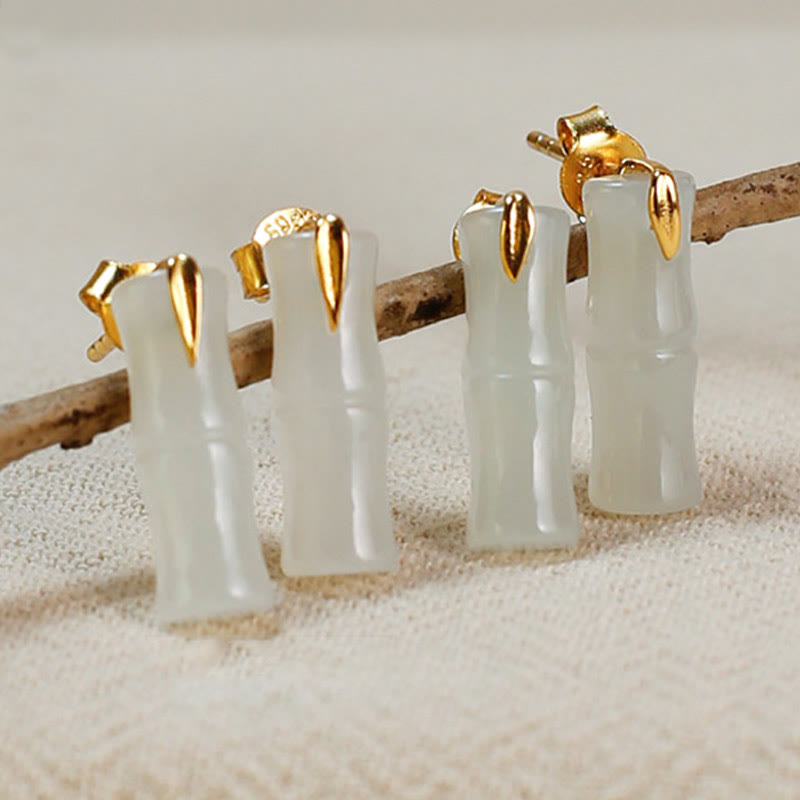 EverestArtstudios Bamboo Hetian Jade 925 Sterling Silver Leaf Wealth Earrings