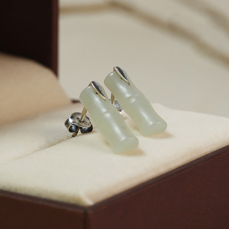 EverestArtstudios Bamboo Hetian Jade 925 Sterling Silver Leaf Wealth Earrings