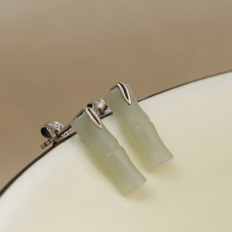 EverestArtstudios Bamboo Hetian Jade 925 Sterling Silver Leaf Wealth Earrings
