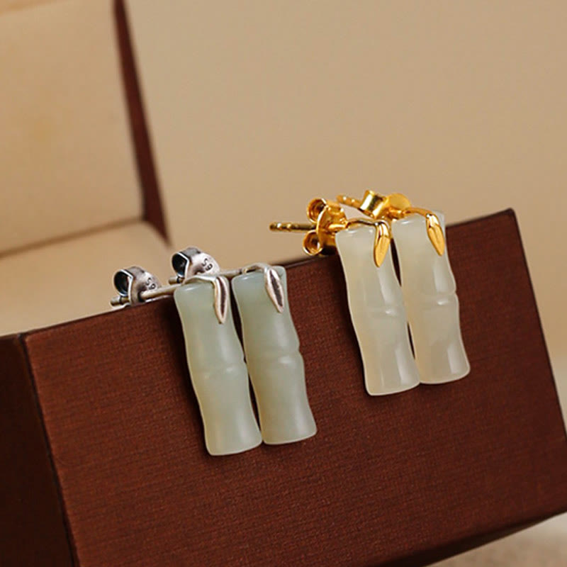 EverestArtstudios Bamboo Hetian Jade 925 Sterling Silver Leaf Wealth Earrings