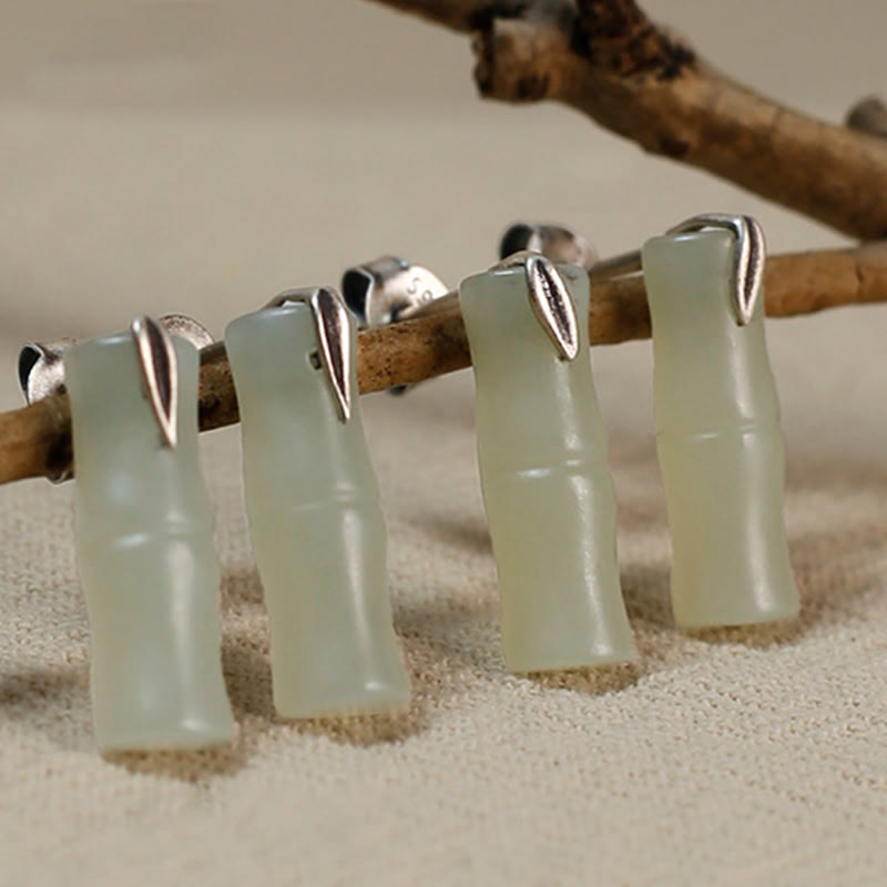 EverestArtstudios Bamboo Hetian Jade 925 Sterling Silver Leaf Wealth Earrings