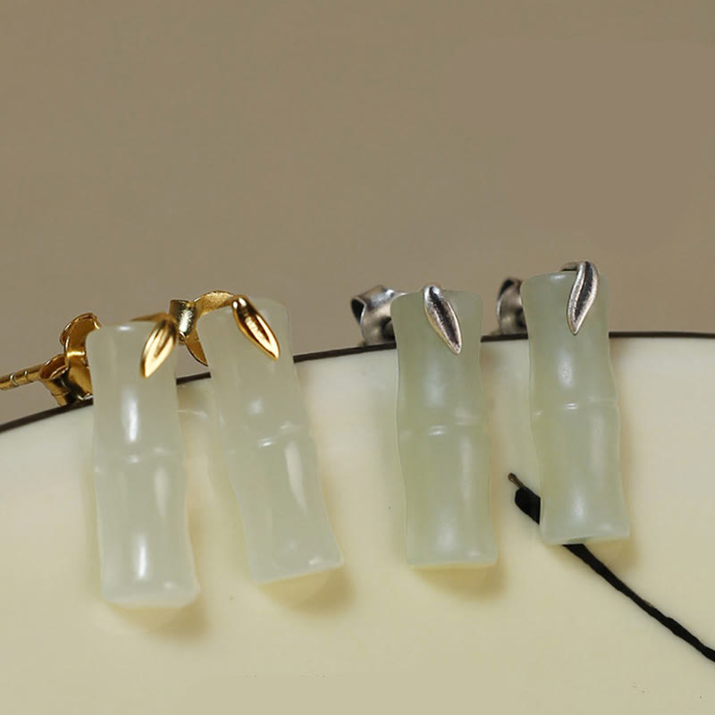 EverestArtstudios Bamboo Hetian Jade 925 Sterling Silver Leaf Wealth Earrings