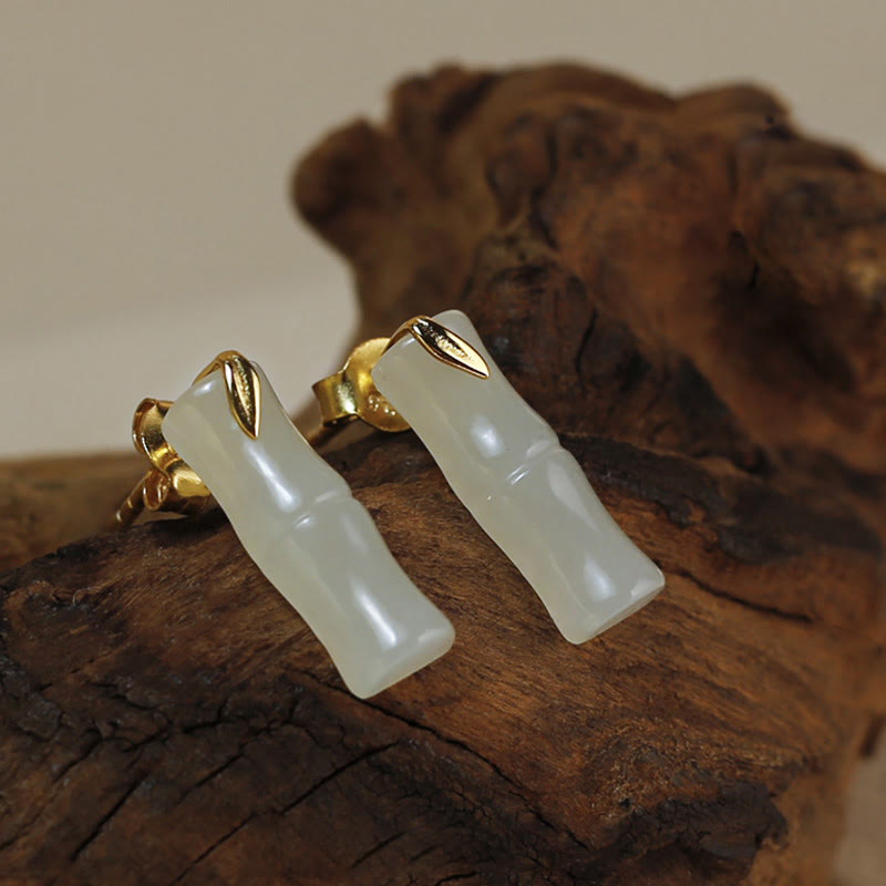 EverestArtstudios Bamboo Hetian Jade 925 Sterling Silver Leaf Wealth Earrings