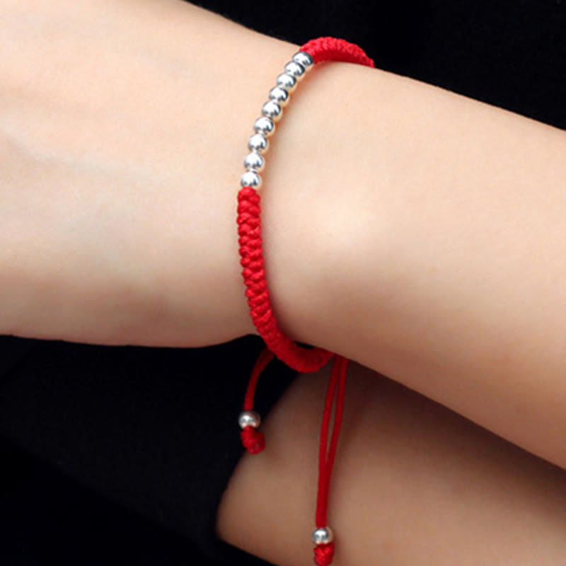 Buddha Stones Retro 925 Sterling Silver Simple Beads Knot Design Luck String Bracelet