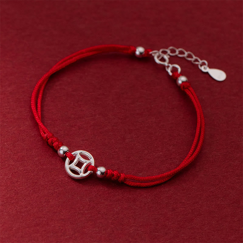 Buddha Stones 925 Sterling Silver Hollow Copper Coin Luck String Bracelet