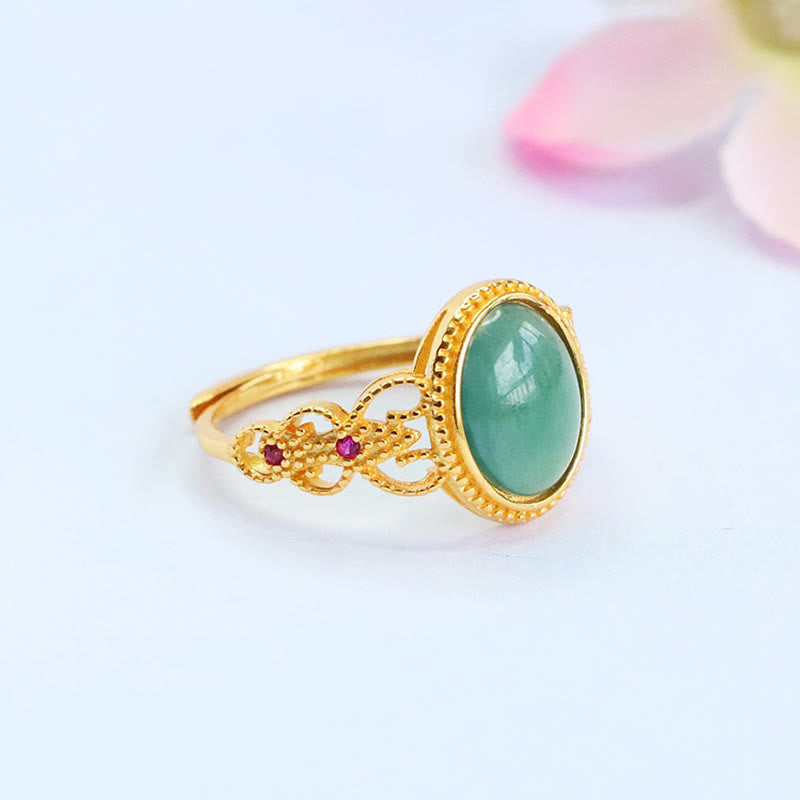 EverestArtstudios Natural 925 Sterling Silver Plated Gold Hollow Design Jade Luck Ring