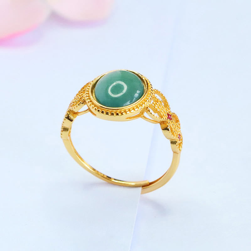 EverestArtstudios Natural 925 Sterling Silver Plated Gold Hollow Design Jade Luck Ring