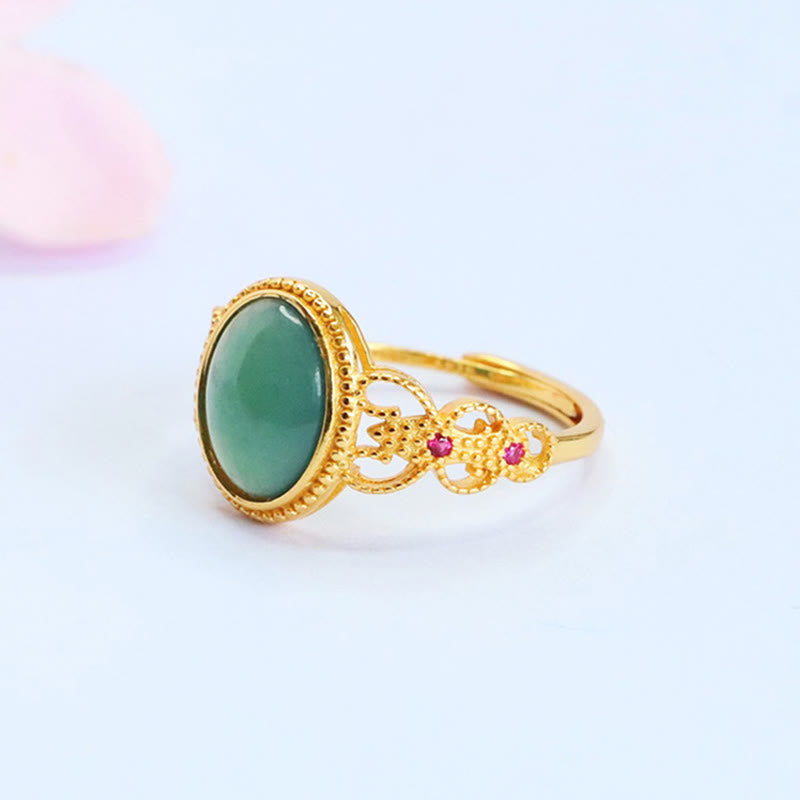 EverestArtstudios Natural 925 Sterling Silver Plated Gold Hollow Design Jade Luck Ring