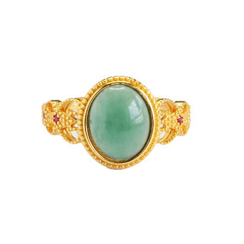 EverestArtstudios Natural 925 Sterling Silver Plated Gold Hollow Design Jade Luck Ring