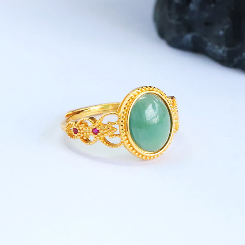 EverestArtstudios Natural 925 Sterling Silver Plated Gold Hollow Design Jade Luck Ring