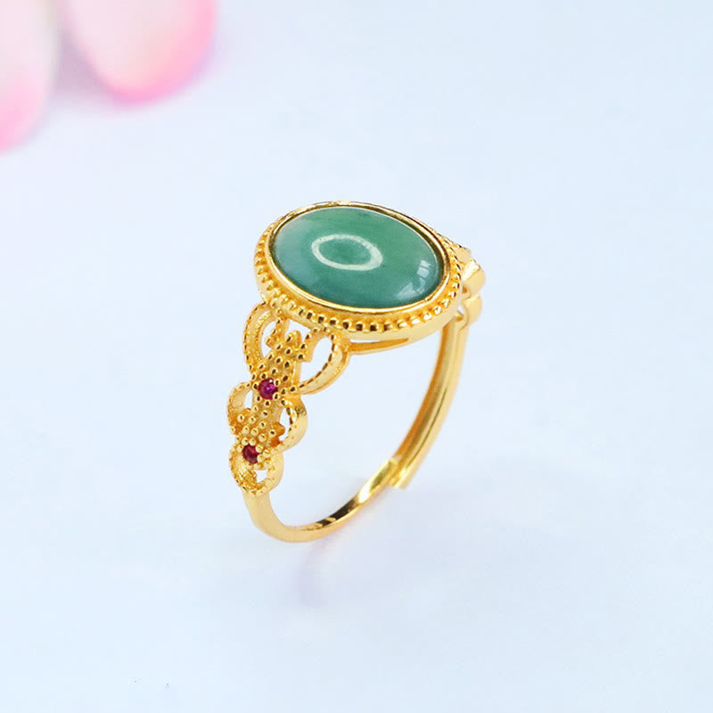 EverestArtstudios Natural 925 Sterling Silver Plated Gold Hollow Design Jade Luck Ring