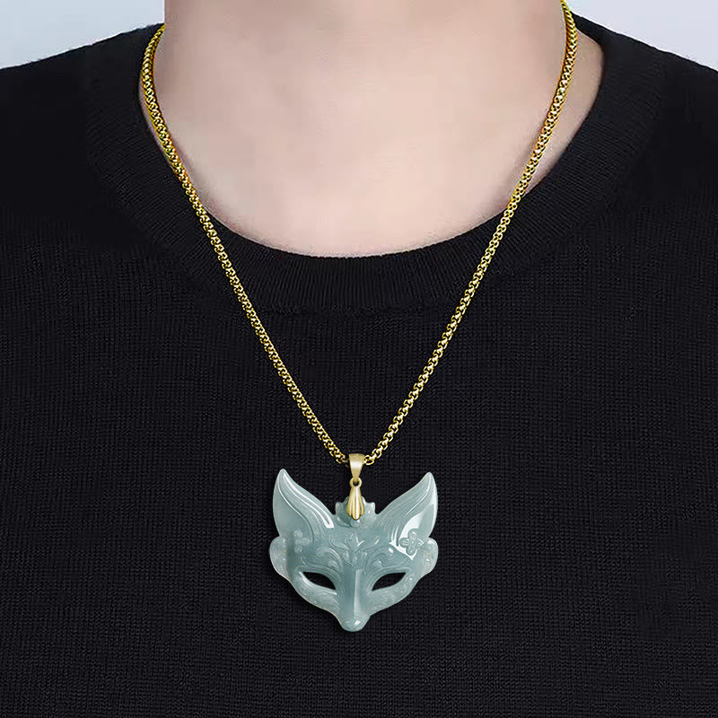 EverestArtstudios Fox Mask Jade Titanium Steel Necklace Luck Pendant