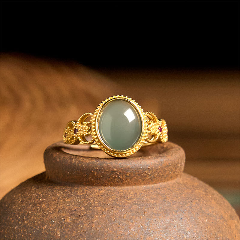 EverestArtstudios Natural 925 Sterling Silver Plated Gold Hollow Design Jade Luck Ring