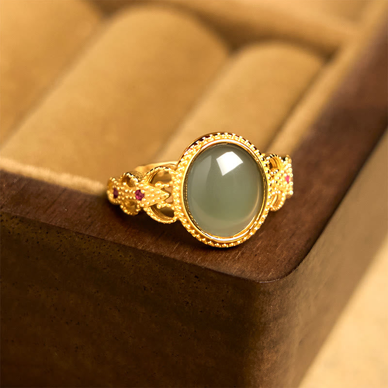 EverestArtstudios Natural 925 Sterling Silver Plated Gold Hollow Design Jade Luck Ring