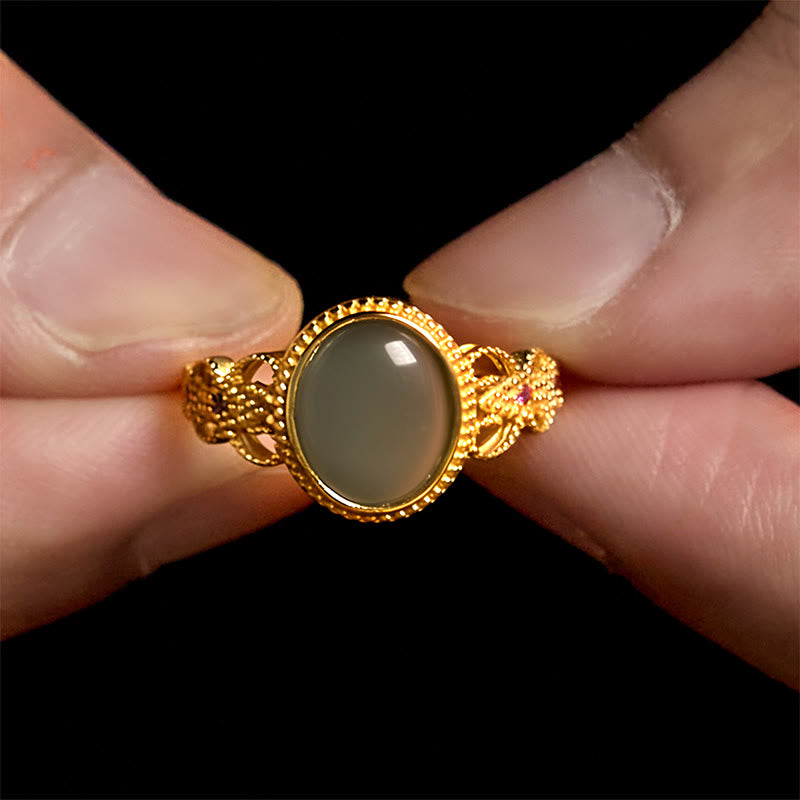 EverestArtstudios Natural 925 Sterling Silver Plated Gold Hollow Design Jade Luck Ring