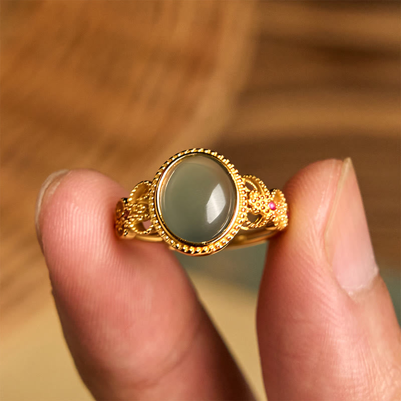 EverestArtstudios Natural 925 Sterling Silver Plated Gold Hollow Design Jade Luck Ring