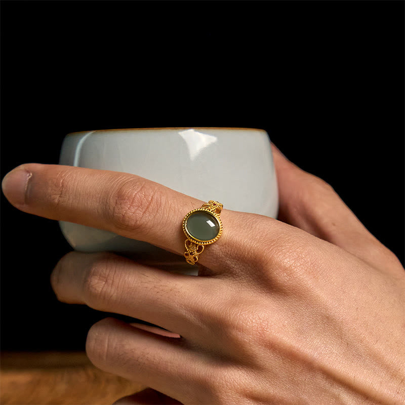 EverestArtstudios Natural 925 Sterling Silver Plated Gold Hollow Design Jade Luck Ring