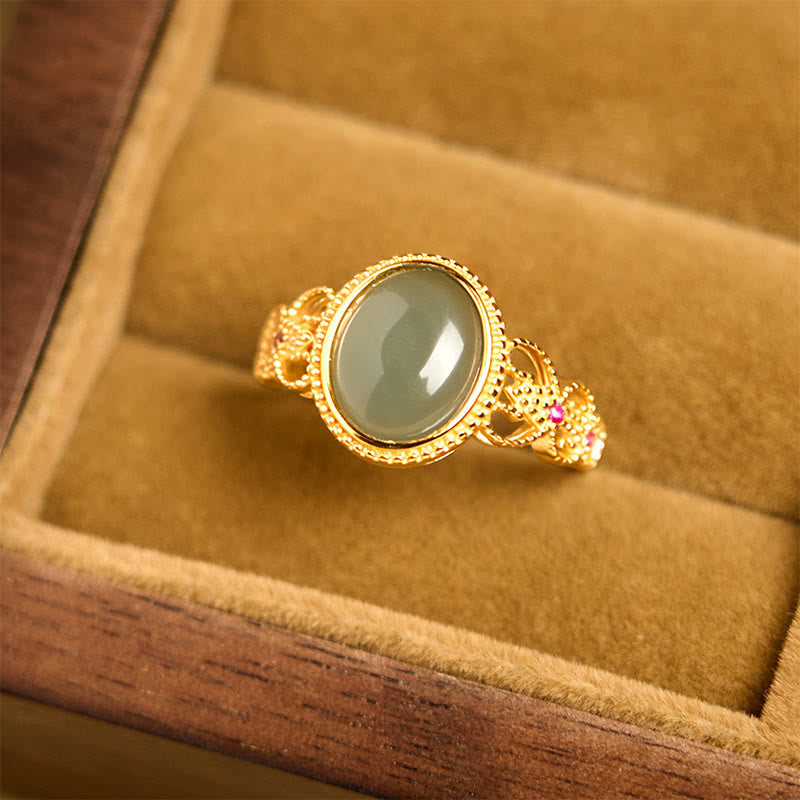EverestArtstudios Natural 925 Sterling Silver Plated Gold Hollow Design Jade Luck Ring