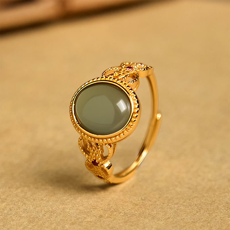 EverestArtstudios Natural 925 Sterling Silver Plated Gold Hollow Design Jade Luck Ring