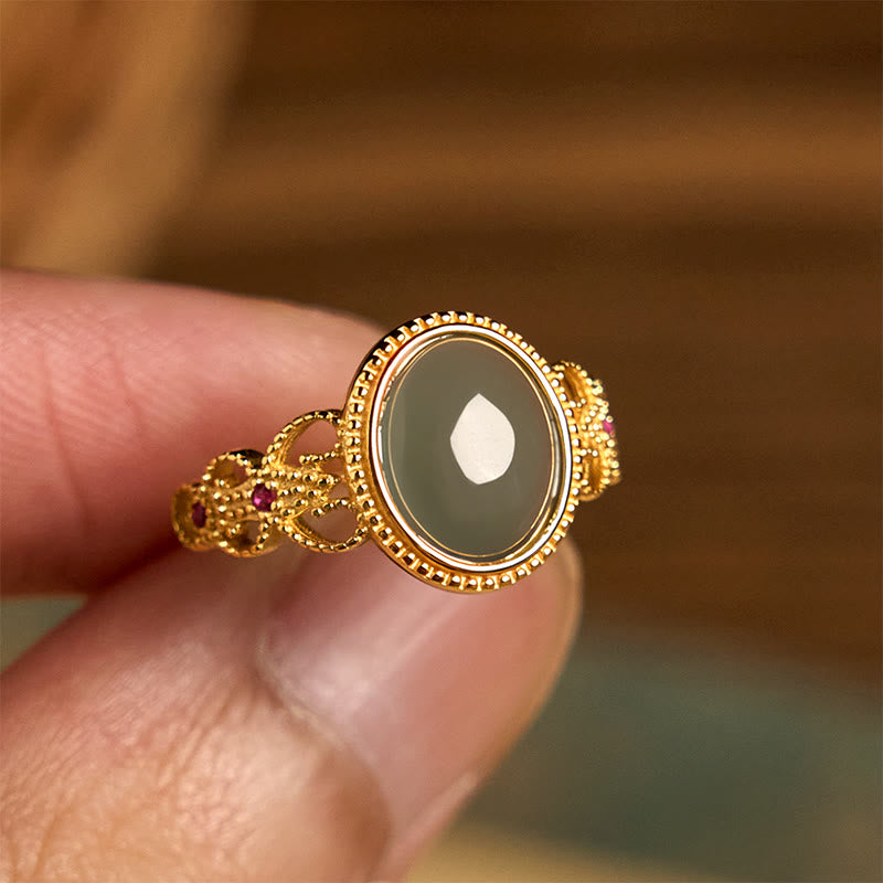 EverestArtstudios Natural 925 Sterling Silver Plated Gold Hollow Design Jade Luck Ring