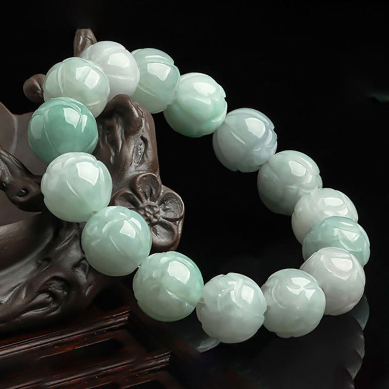 EverestArtstudios Natural Jade Lotus Carving Prosperity Bracelet