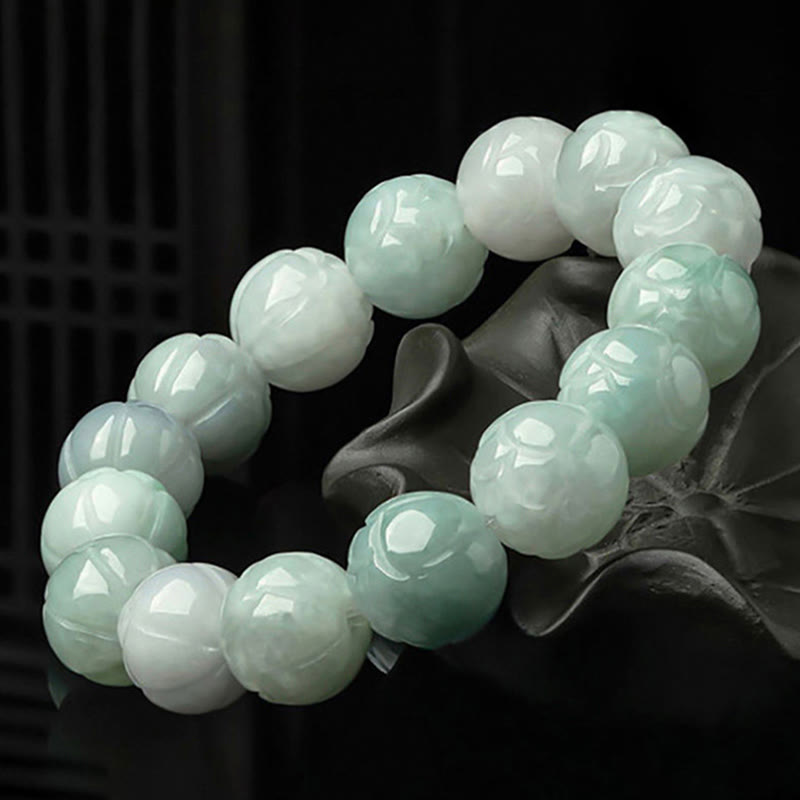 EverestArtstudios Natural Jade Lotus Carving Prosperity Bracelet