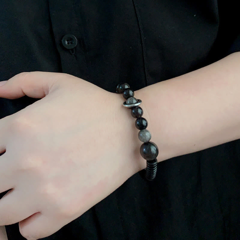 Buddha Stones Silver Sheen Obsidian Coconut Shell Protection Bracelet