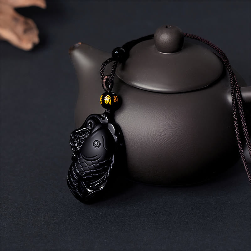 Buddha Stones Natural Black Obsidian Amphioxus Strength Necklace Pendant