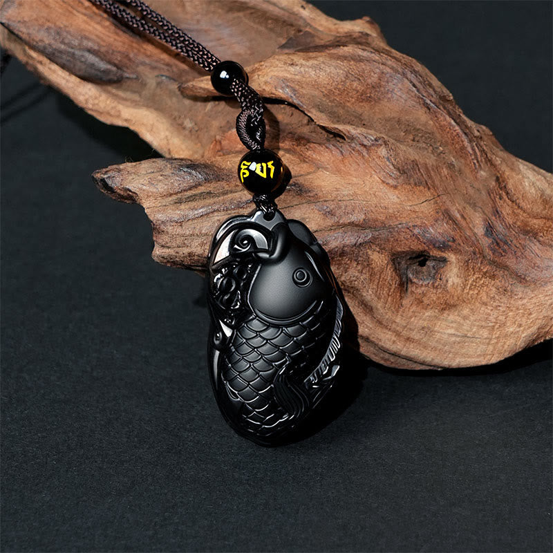 Buddha Stones Natural Black Obsidian Amphioxus Strength Necklace Pendant