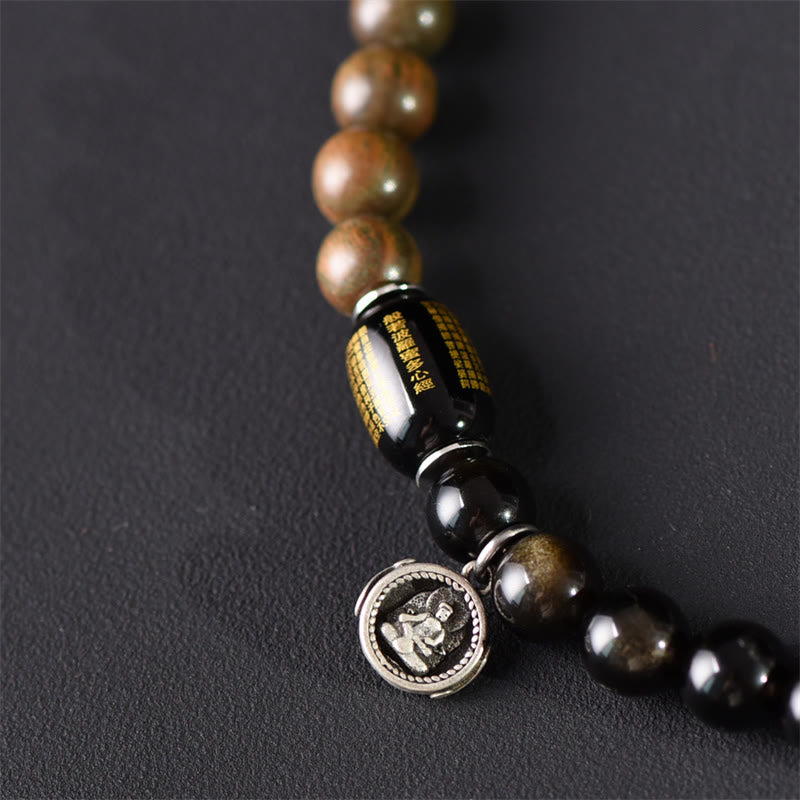 Buddha Stones Tibetan Green Sandalwood Gold Sheen Obsidian Balance Peace Double Wrap Bracelet