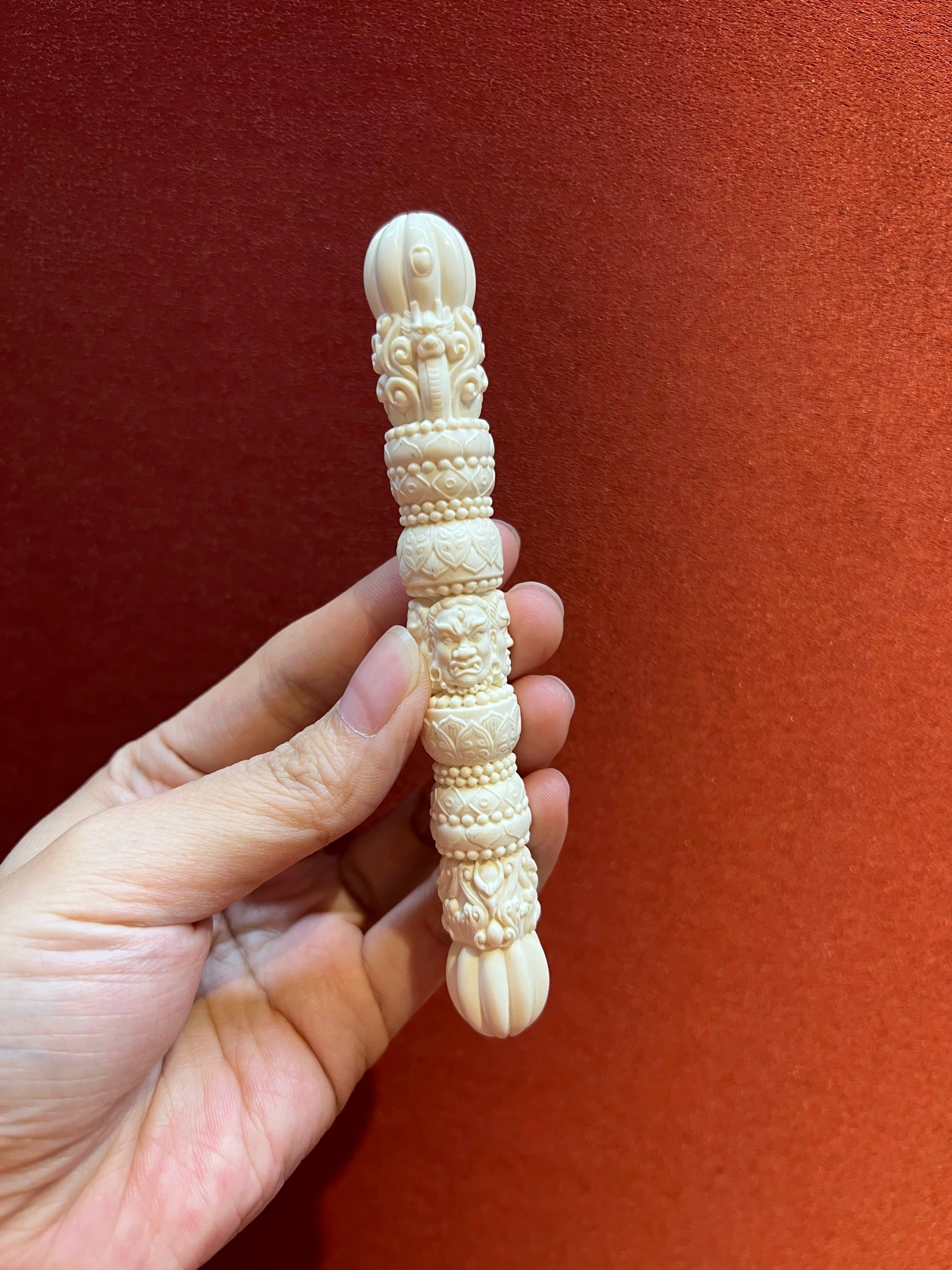 EverestArtStudios Natural Reclaimed Mammoth Tooth Vajra Dorje | Hand Carved Tibetan Buddhist Ritual Scepter | Fossil Meditation Altar Tool Gift