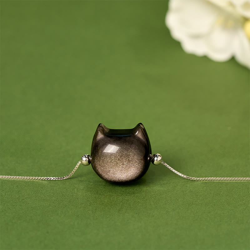 Buddha Stones 925 Sterling Silver Silver Sheen Obsidian Gold Sheen Obsidian Cat Soothing Bracelet