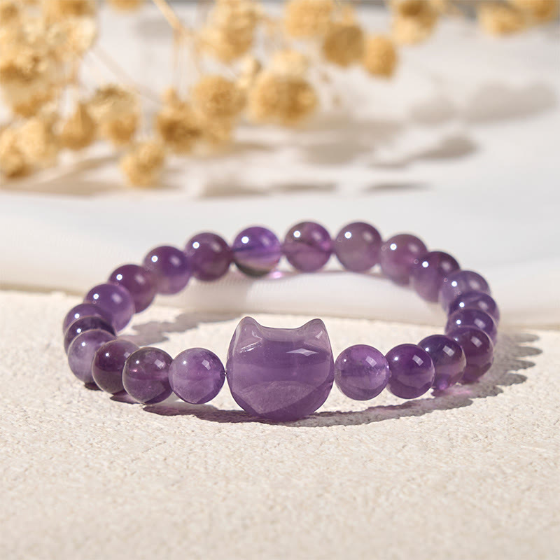 Buddha Stones "Wishing You Clarity and Calm" Cute Cat Amethyst Bracelet Includes Gift Message Card
