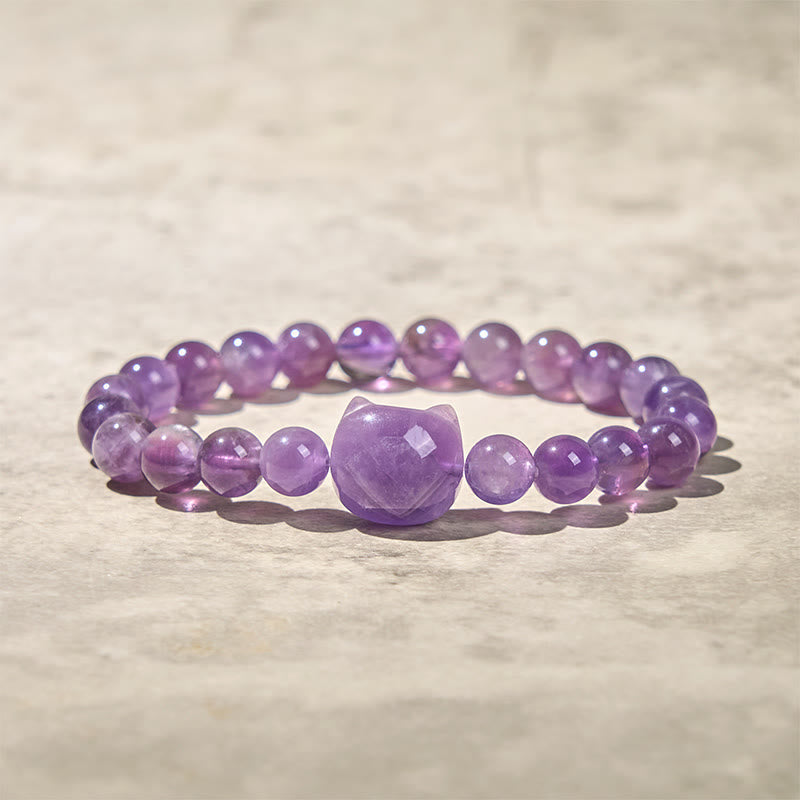Buddha Stones "Wishing You Clarity and Calm" Cute Cat Amethyst Bracelet Includes Gift Message Card