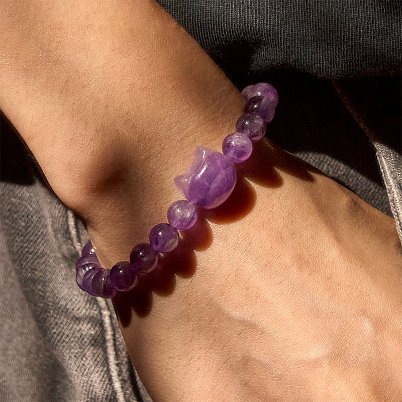 Buddha Stones "Wishing You Clarity and Calm" Cute Cat Amethyst Bracelet Includes Gift Message Card