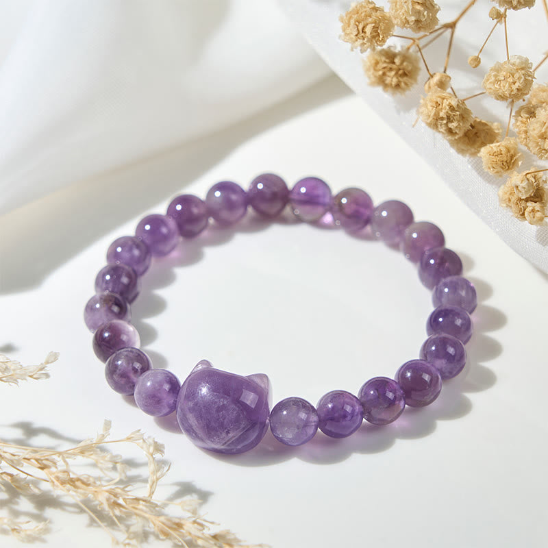 Buddha Stones "Wishing You Clarity and Calm" Cute Cat Amethyst Bracelet Includes Gift Message Card