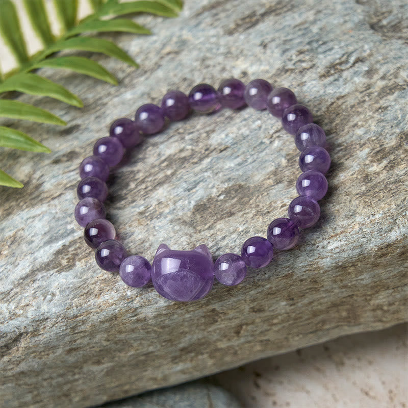 Buddha Stones "Wishing You Clarity and Calm" Cute Cat Amethyst Bracelet Includes Gift Message Card