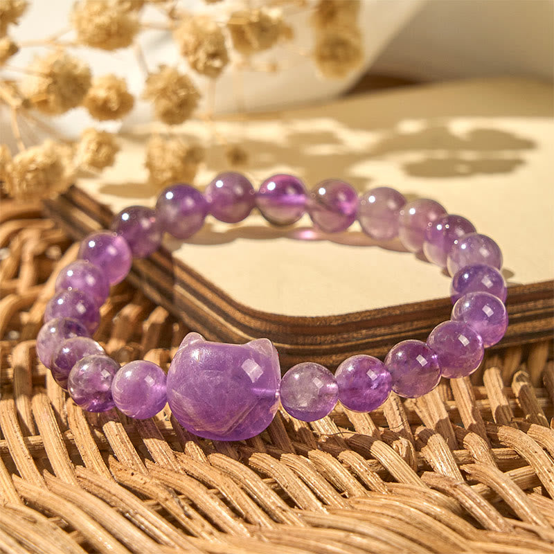 Buddha Stones "Wishing You Clarity and Calm" Cute Cat Amethyst Bracelet Includes Gift Message Card