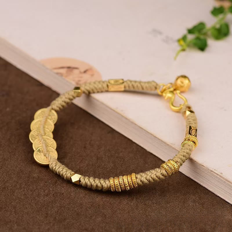 Buddha Stones Handmade Five Emperor Coins Wealth String Braided Bracelet